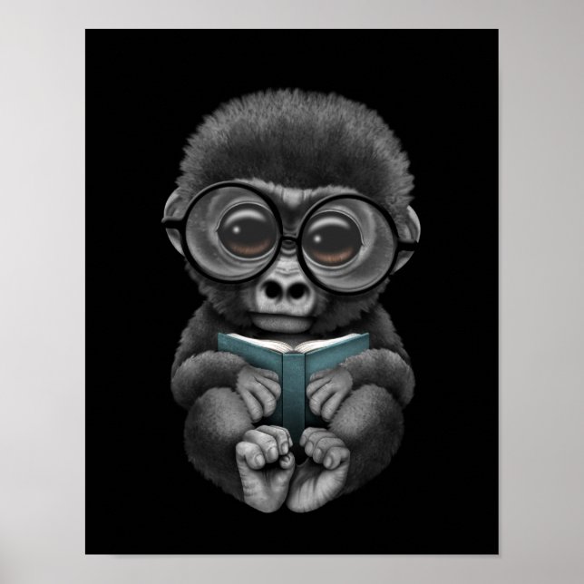 Affiches Cute Baby Gorilla Lire un livre sur le noir (Devant)