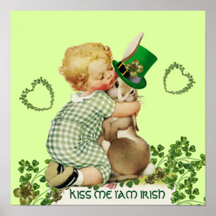 Affiches CUTE BABY HUGGING RABBIT Irish St. Patrick's Day