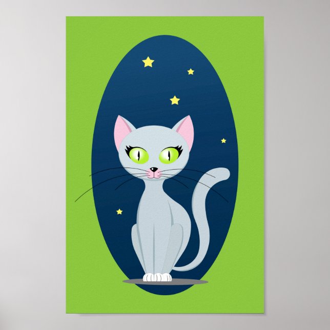 Affiches Cute Cat Starry nuit ciel Dessin sur Couleur perso (Devant)