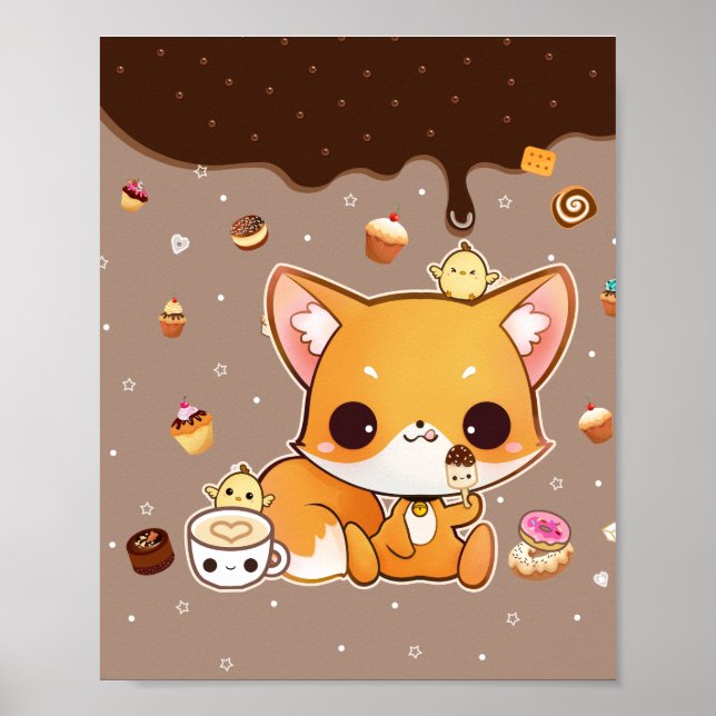 Affiches Cute chibi renard avec glace kawaii (Devant)