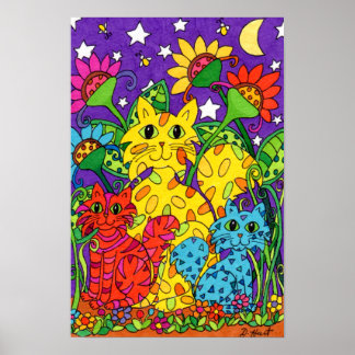 Affiches Cute Colorful Cats Garden Flowers Moon Drawing