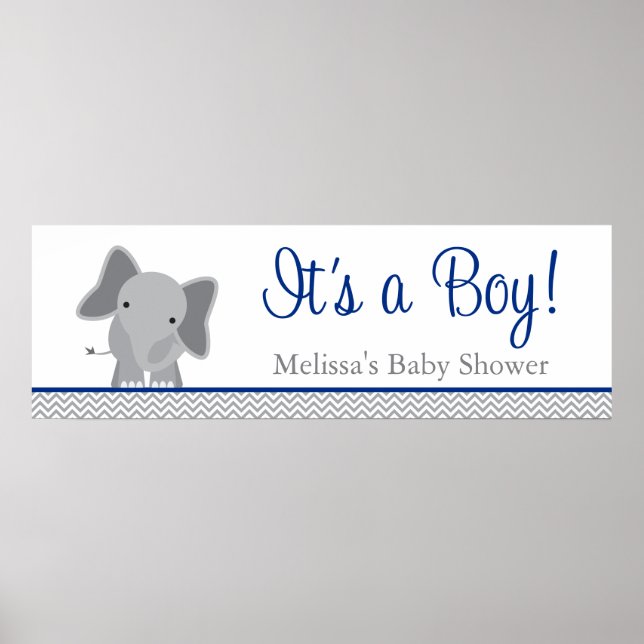 Affiches Cute Elephant Chevron Baby shower bleu marine (Devant)