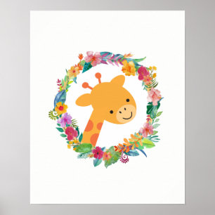 Affiches Cute Giraffe avec une aquarelle fleurie Wreath