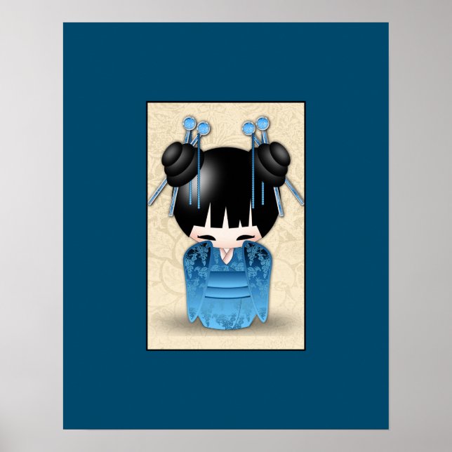 Affiches Cute Japanese Kokeshi Doll Dressed In Blue (Devant)