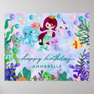 Affiches Cute Ocean Animals Mermaid Thème Joyeux Anniversai