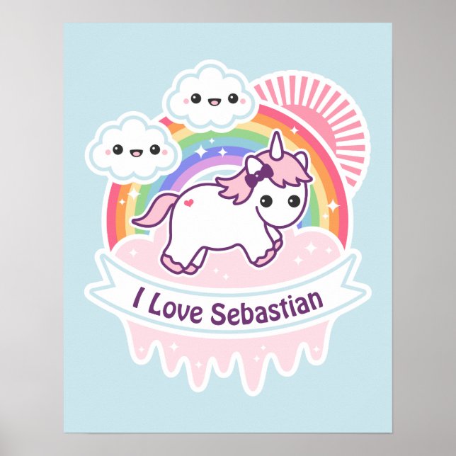 Affiches Cute Rainbow Unicorn avec nuages (Devant)
