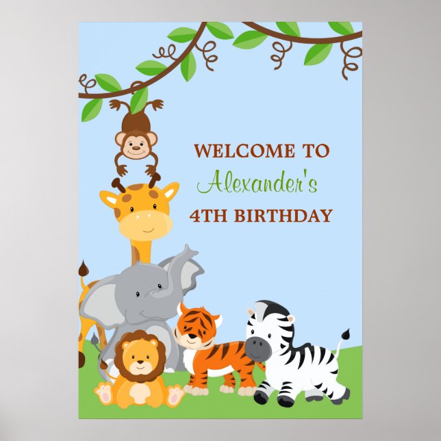 Affiches Cute Safari Jungle Animaux Anniversaire (Devant)