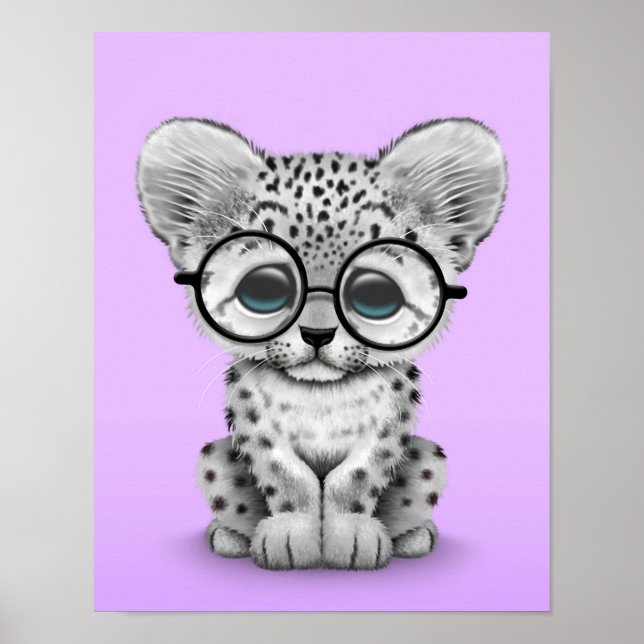 Affiches Cute Snow Leopard Cub Wearing Glasses on Purple (Devant)
