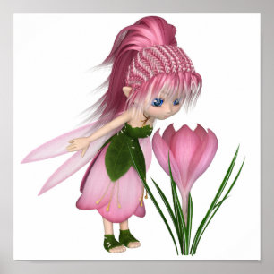 Affiches Cute Toon Rose Crocus Fairy, debout par une fleur