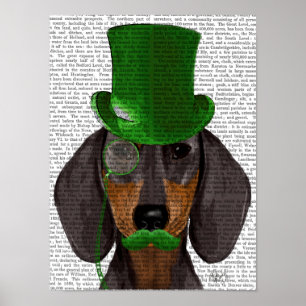 Affiches Dachshund avec ton noir de chapeau vert