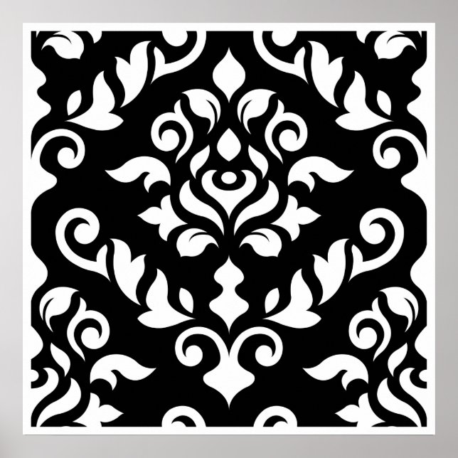 Affiches Damask Baroque Design blanc sur noir (Devant)