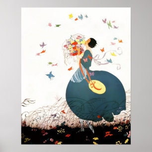 AFFICHES DAME AU BOUQUET DE FLEURS ET PAPILLONS