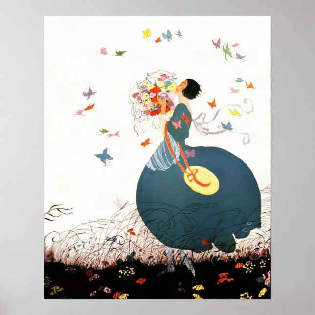 AFFICHES DAME AU BOUQUET DE FLEURS ET PAPILLONS (Devant)