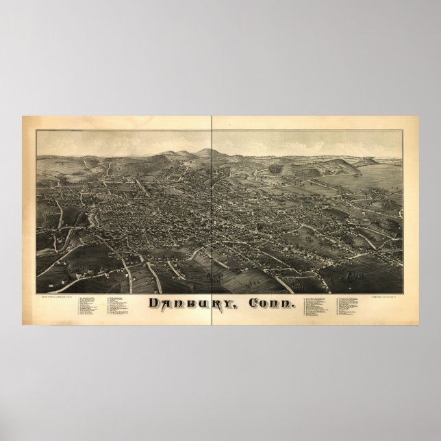 Affiches Danbury Connecticut 1884 Panoramic Map (Devant)