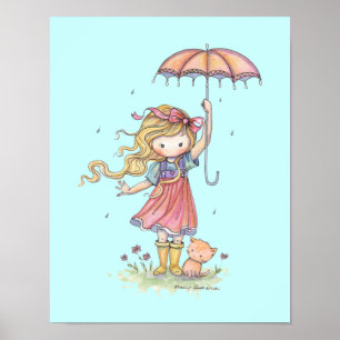 Affiches Dans la pluie Petite fille et Kitten Nursery Art