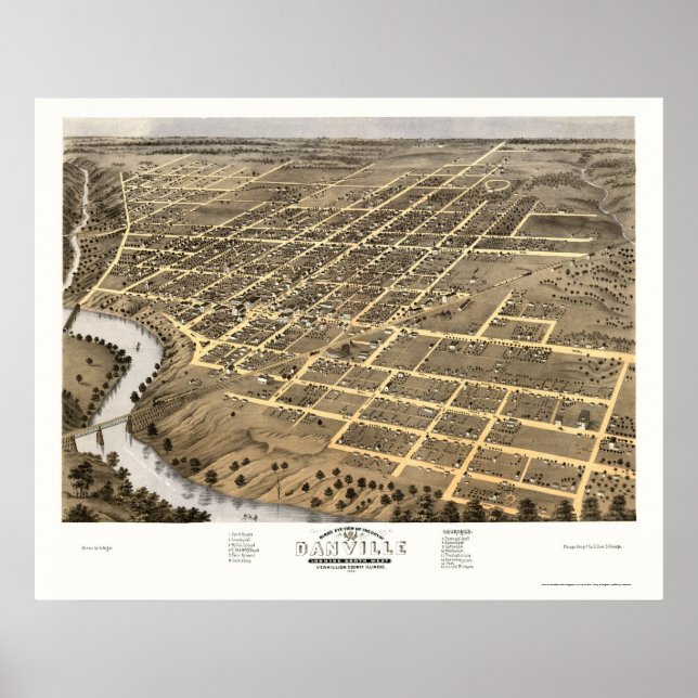Affiches Danville, IL Carte panoramique - 1869 (Devant)