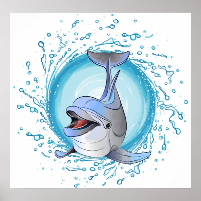 Affiches Dauphin riant dans le cercle d'éclaboussures (Devant)