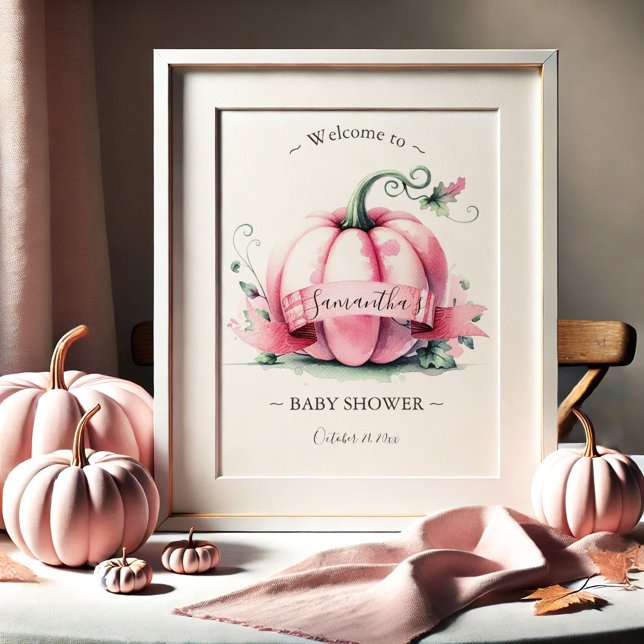 Affiches de Baby Shower Citrouille Rose (Fall baby shower posters watercolor pink pumpkins by Do Tell A Belle.)