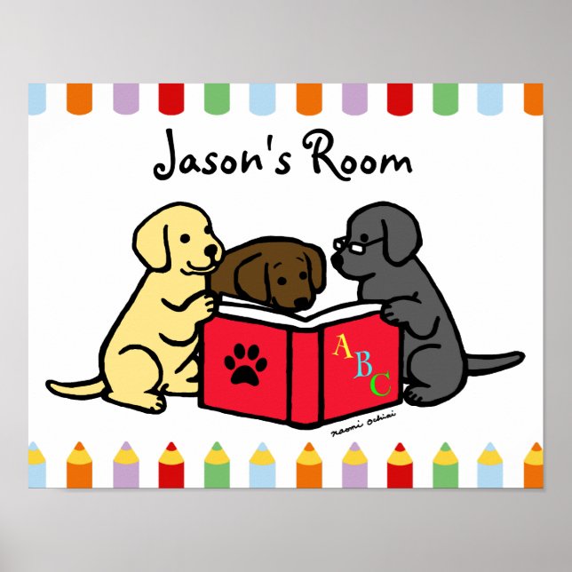 Affiches de nurserie de chiots Labrador lisant (Devant)