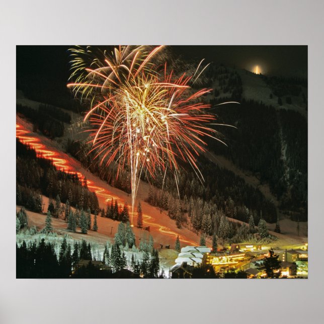 Affiches Défilé aux flambeaux et feux d'artifice en hiver (Devant)