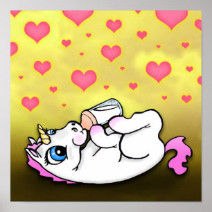 Affiches Délai d'alimentation du bébé licorne - Rose - Impr