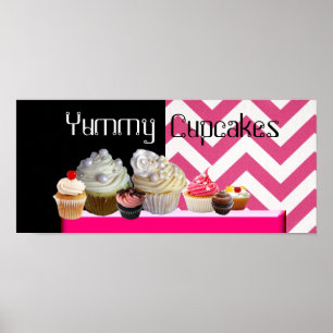 AFFICHES DÉLICIEUX CUPCAKES DESERT SHOP/ CHEVRON BLANC ROSE