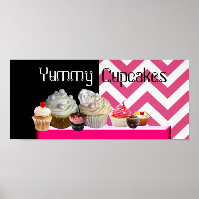 AFFICHES DÉLICIEUX CUPCAKES DESERT SHOP/ CHEVRON BLANC ROSE (Devant)
