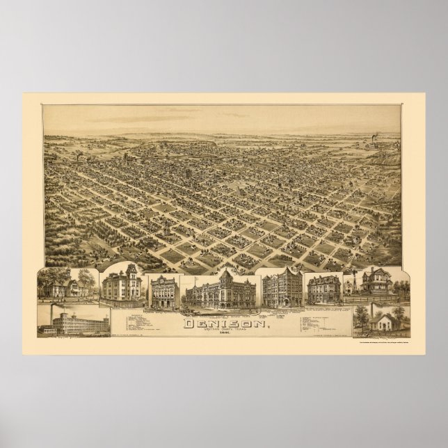 Affiches Denison, TX Panoramic Map - 1891 (Devant)