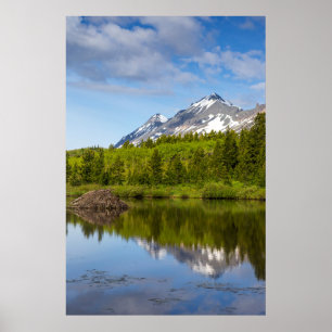 Affiches Des pics de montagne se reflètent dans un étang de