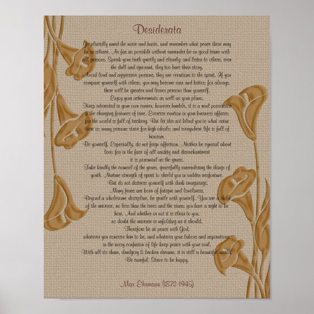 Affiches Desiderata avec des lys calla (Devant)