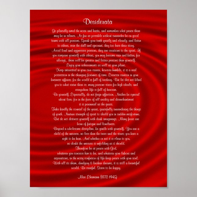 Affiches Desiderata "choses désirées", prose sur rouge (Devant)
