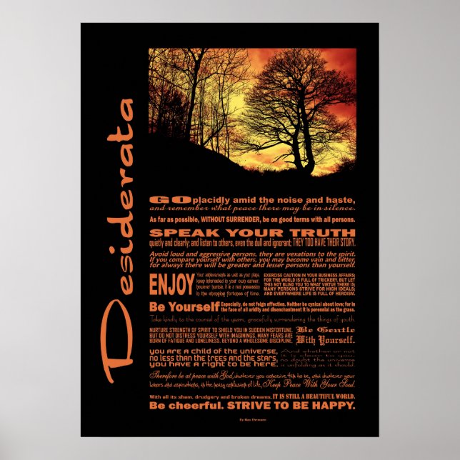 Affiches Desiderata Poème Soirée Arbre du coucher du soleil (Devant)