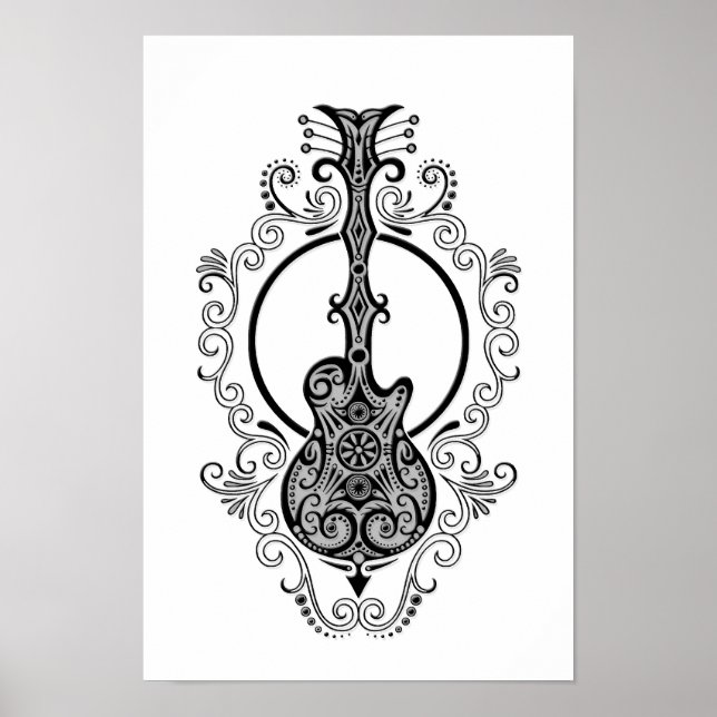 Affiches Design complexe de guitare noire sur blanc (Devant)