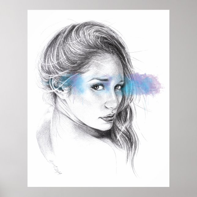 Affiches Dessin au crayon de portrait de fille (Devant)