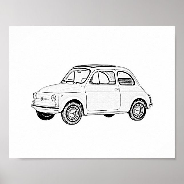 Affiches Dessin au crayon noir et blanc classique Fiat 500 (Devant)