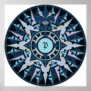 Affiches Dessin d'art, antique boussole rose, ajouter monog