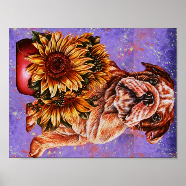 Affiches Dessin de Bulldog Tournesol sur peinture violette (Devant)