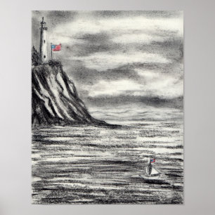 Affiches Dessin de charbon de phare et de voilier