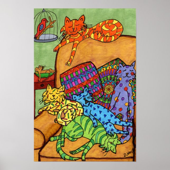 Affiches Dessin de couleur mignon Chats chaise Dormir (Devant)