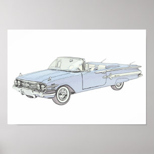 Affiches Dessin de crayon convertible bleu 1960 Impala Chev