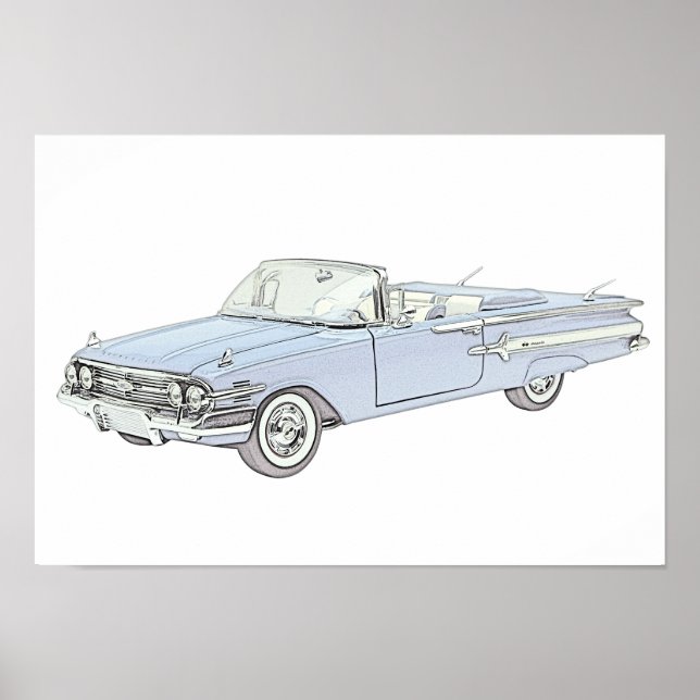 Affiches Dessin de crayon convertible bleu 1960 Impala Chev (Devant)