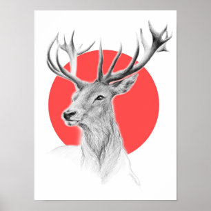 Affiches Dessin de portrait de cerf Cercle rouge Art animal