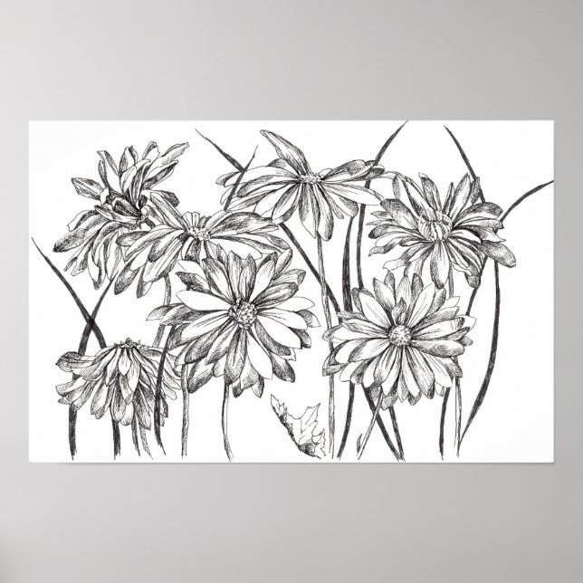 Affiches Dessin du Jardin Fleur de Fleur Noir et Blanc (Devant)