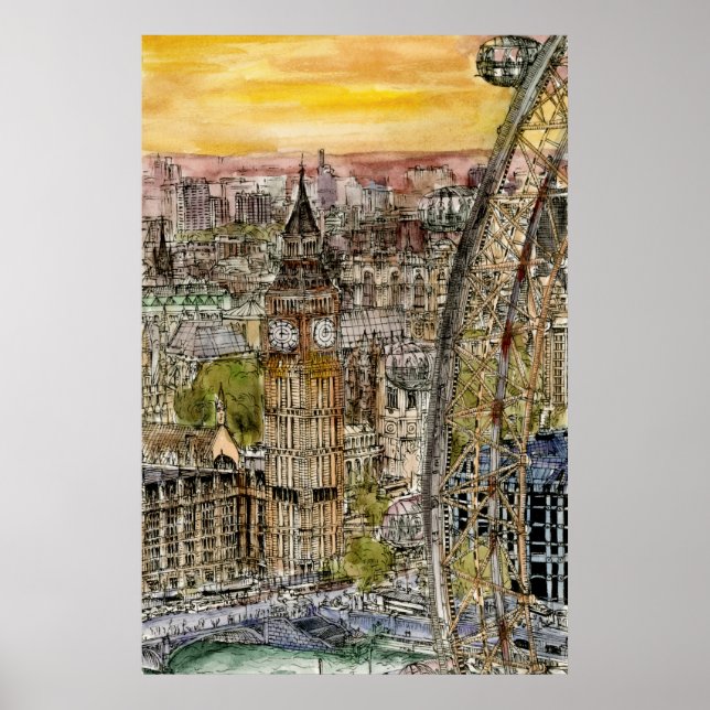 Affiches Destinations | Aquarelle Big Ben & London Eye (Devant)