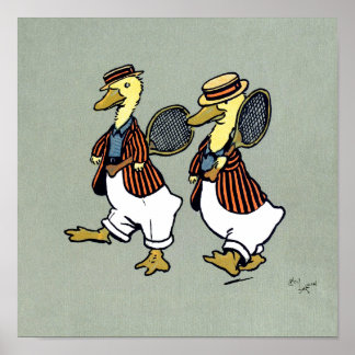Affiches Deux canards avec vestes rayées et raquettes de te