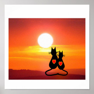 Affiches Deux chats à la copie d'art de coucher du soleil