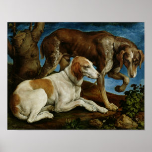 Affiches Deux chiens de chasse attachés à un tronçon