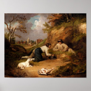 Affiches Deux Hommes Chassent Des Lapins Avec Leur Chien