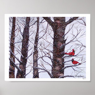 Affiches Deux Oiseaux Rouges En Hiver