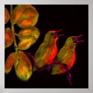 Affiches deux petits oiseaux orange et jaune